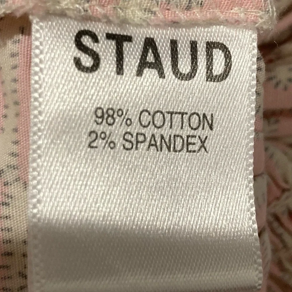 STAUD Jules smocked puff-sleeve peplum top in pink & cream 